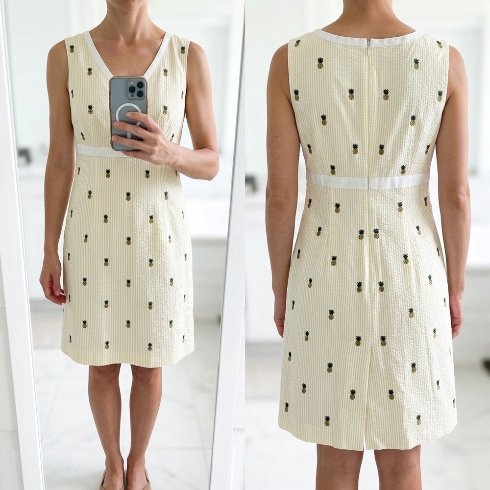 Brooks Brothers Seersucker Pineapple Dress 2 Yellow White‎ Stripe Sheath Linen